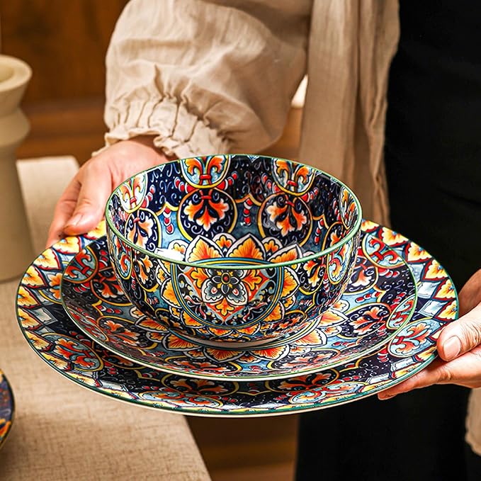 12-Piece Bohemian Porcelain Dinnerware & Dish Sets for 4 – Microwave & Dishwasher Safe, Scratch & Chip Resistant, Colorful Ceramic Plates & Bowls for Kitchen, Wall Decor & Housewarming Gift