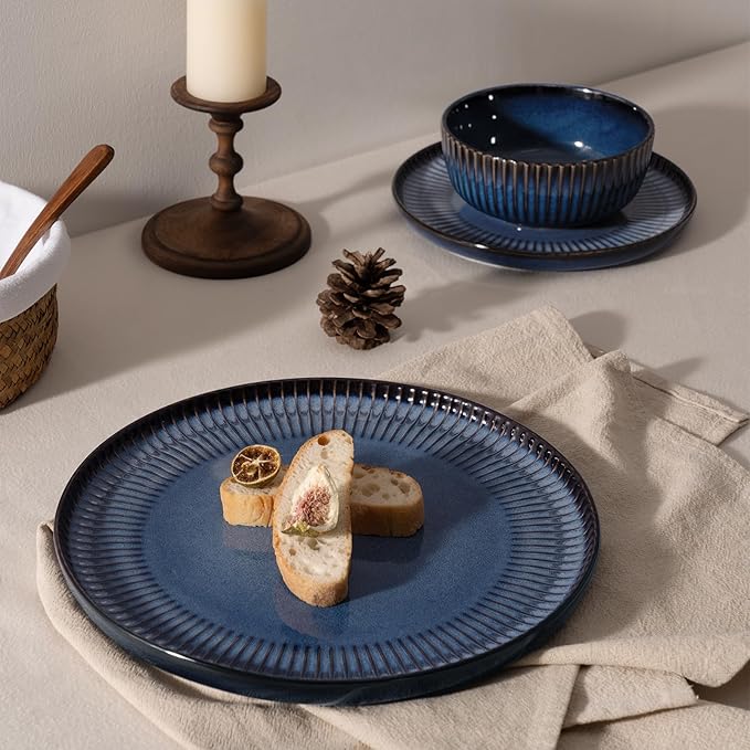 Famiware Starlight 24-Piece Plates and Bowls Sets for 8, Stoneware Dinnerware with Ribbed Textured, Handcrafted Reactive Glaze Dishes - Dishwasher & Microwave Safe, Chip/Scratch Resistant, Starry Blue