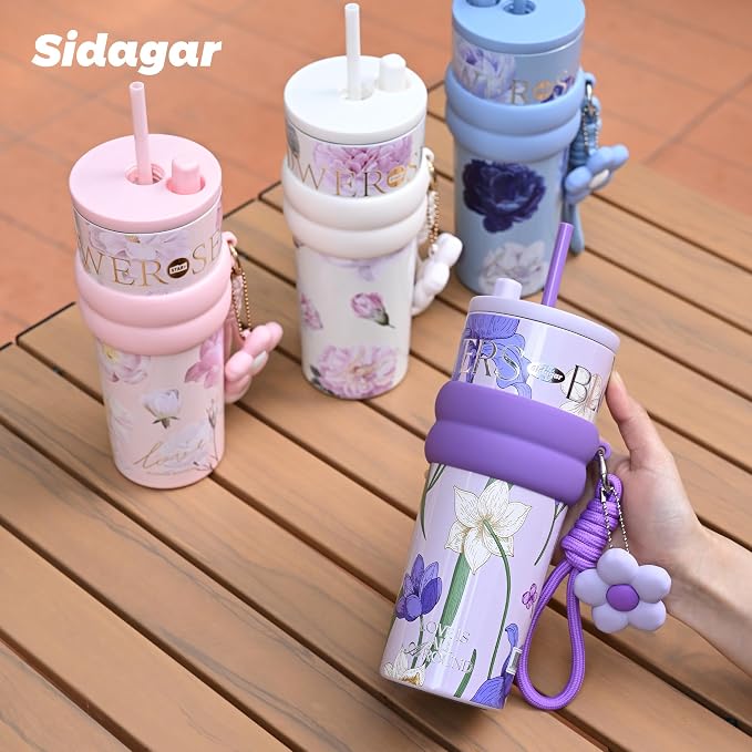 24 oz Stainless Steel Tumbler with Lid and Straw, Insulated Coffee Mug, Leak Proof, Portable Iced Travel Water Bottle, Reusable Thermal Coffee Cup, Floral Pink