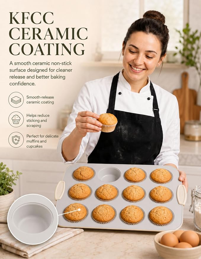 Boxiki Kitchen Ceramic 12-Cup Muffin Pan, 15.55"x11" Nonstick Cupcake Pan - Heavy Duty 0.6mm Aluminized Steel, KFCC Ceramic Coating, Oven Safe to 550°F, Rustproof & Warp Resistant Baking Pan