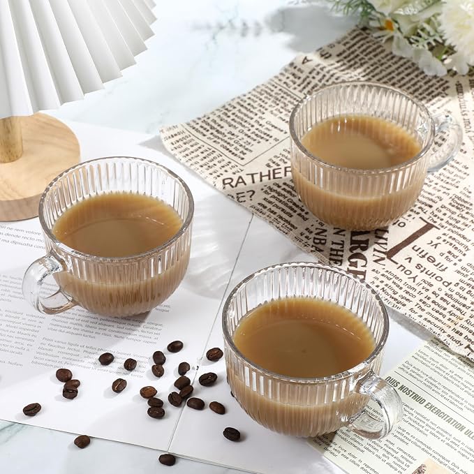 12 Pack Glass Coffee Mugs with Handles, 12 Ounces Glass Breakfast Mugs Bulk, Clear Tea Cups for Hot/cold Drinks, Glassware Set for Americano, Latte, Cappuccino(Ribbed)