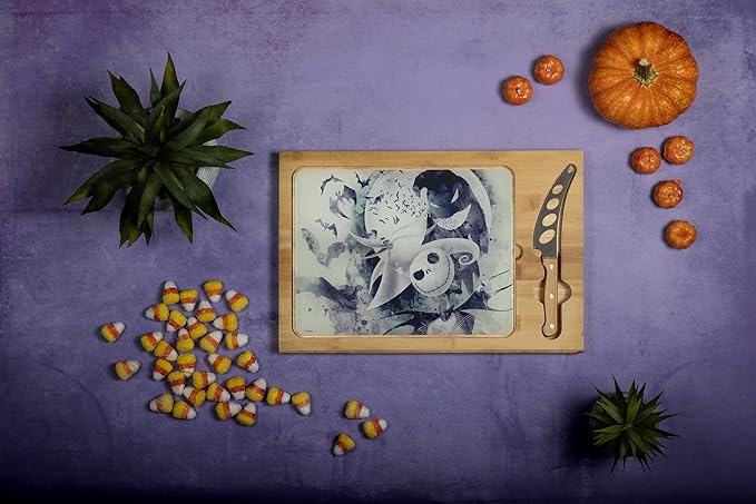 PICNIC TIME 910-00-505-214-11 Icon Glass Top Cutting Board & Knife Set, Cheese Board, Charcuterie Board 15.4 x 10.04 x 0.8 Disney Nightmare Before Christmas Jack & Zero - Parawood & Bamboo