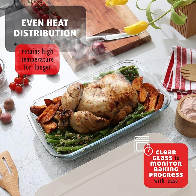 EATEX 8-Piece Deep Glass Casserole Dishes for Oven with Plastic lids, Rectangular Glass Baking Dish Set, Baking Pans for Lasagna, Leftovers, Cooking, Kitchen, Freezer-to-Oven and Dishwasher, Cream