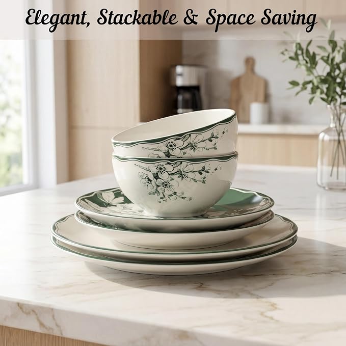 222 Fifth 12-Piece Porcelain Dinnerware Set for 4, White & Sage Green Plates and Bowls Set, Glossy Ceramic Dish Set with Detailed Floral Design, Microwave & Dishwasher Safe Dishes for Dining, Brittany
