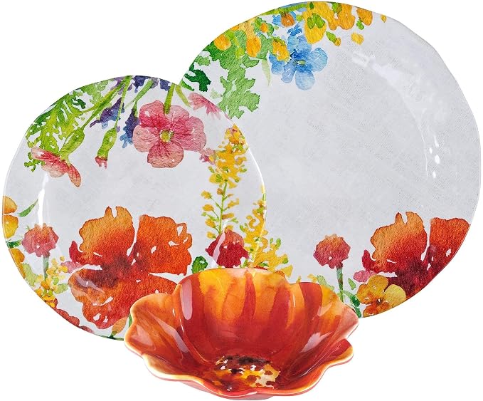 UPware 12 Piece Floral Melamine Dinnerware Sets, Outdoor Dishes Set, Plates and Bowls Sets, Service for 4, Multicolor