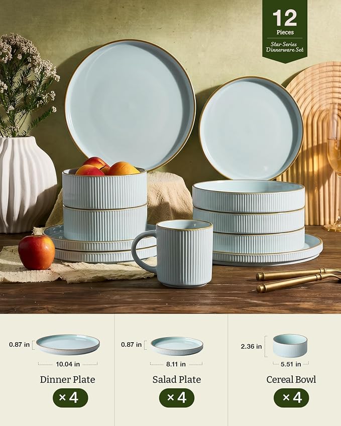 Famiware Star 12-Piece Stoneware Dinnerware Set for 4 – Blue, Ribbed Ceramic Plates and Bowls with Rim – Modern Rustic Dishes, Everyday & Formal – Chip & Scratch Resistant, Microwave & Dishwasher Safe