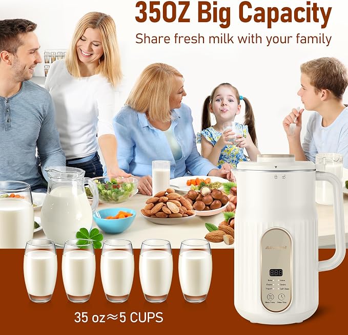 Nut Milk Maker, AlfaBot N2 Automatic Almond Milk Machine for Homemade Plant-Based Milk, Oat, Soy, Yogurt, 5 Modes/35OZ Big Capacity Soy Milk Maker with Delay Setting and Self Cleaning (White) | 5 Preset Modes, 12-Hour Delay Timer, for Almond, Soy, Oat,...