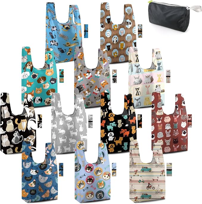 BeeGreen Animal Reusable Grocery Bags Bulk Gifts 12-Pack - Large Tote with Zipper Pouch | Foldable & Washable Polyester Shopping Bags Heavy Duty Animal Lover Gifts Reusable Bag With Handles