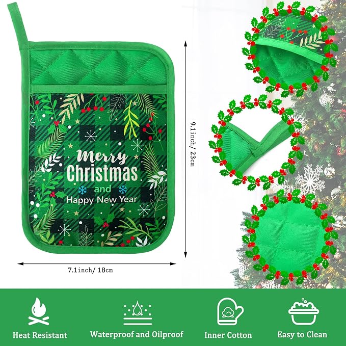 Zhehao 12 Pcs Christmas Silicone Spatulas Pot Holders Set Heat Resistant Pot Holders with Pocket Baking Gifts for Christmas Gift Party Supplies (Fresh Christmas Style)