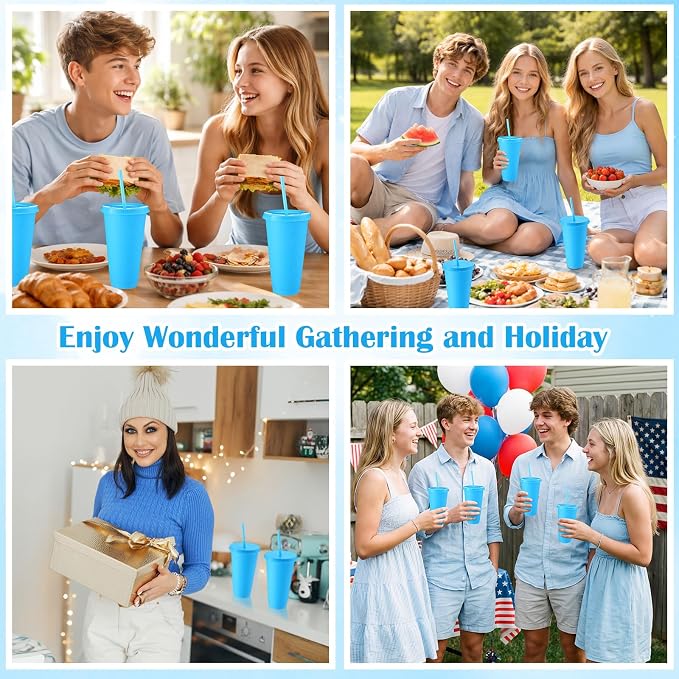 Honeydak 30 Pack Tumbler with Straw and Lid Bulk Cups for Gifts Glitter Plastic Coffee Cups 24-27 oz Reusable Water Bottle Iced Coffee Travel Mug Party Favors for Birthdays Travel (Solid Light Blue)