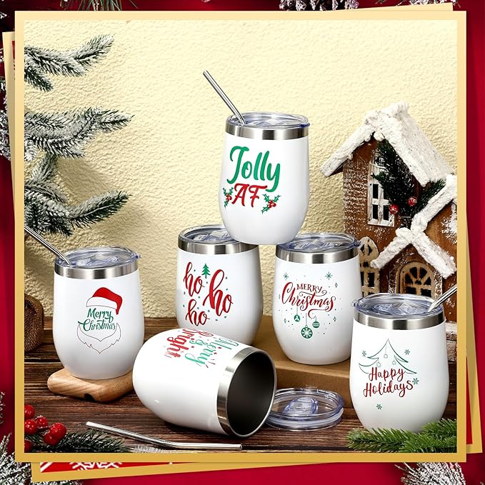 Ziliny 6 Pieces Christmas Wine Tumbler 12 oz Xmas Insulated Stainless Steel Wine Cups with Lid and Straw Funny Coffee Mugs with Brush for Holiday Wedding Party Gifts(Classic Style)