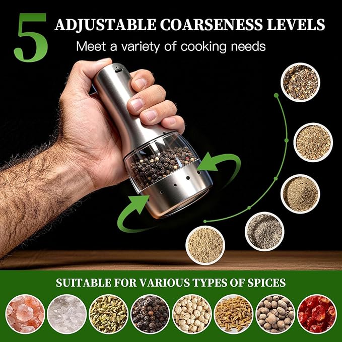 Electric Salt and Pepper Grinder Mill Set, 90ml Rechargeable Automatic Salt and Pepper Shakers with Dusty Tray, LED Lights, 5 Adjustable Coarseness for Kitchen, Outdoor Birthday Gifts for Women Mom