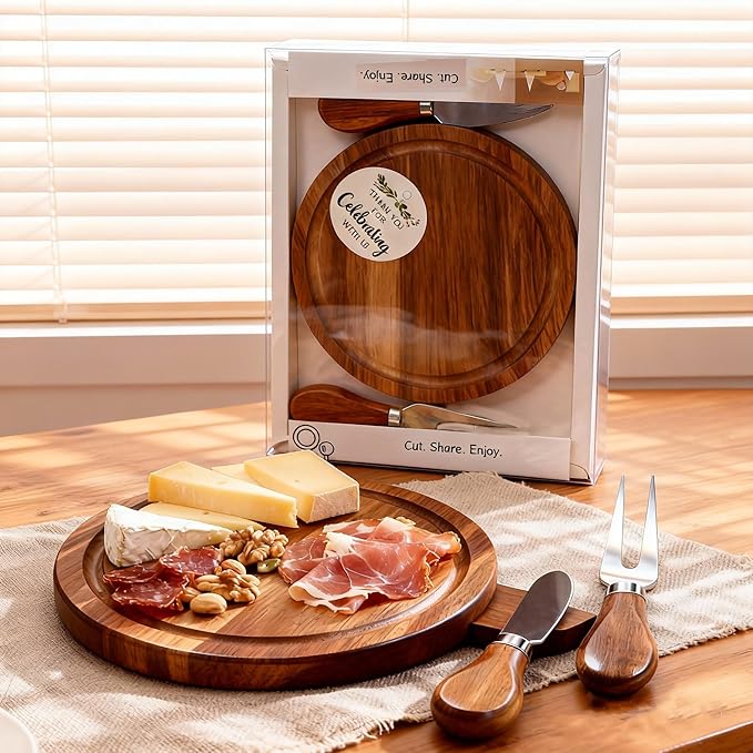 4-Pack Small Personal Charcuterie Cheese Board Set & Serving Tray- 6 Inch Mini Appetizer Plate with Knives & Forks, Acacia Wood Gift package for Wedding, Bridal & Baby Shower Party Gift