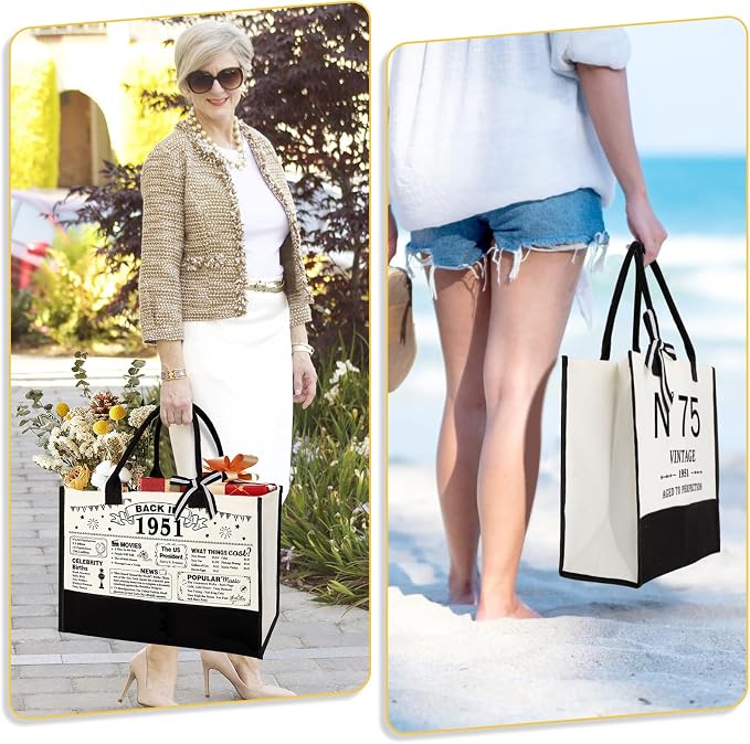 YeohJoy 75th Birthday Gifts for Women Canvas Tote Bag Travel Gear, Unique 75 Years Old Gifts for Wife Mom Sister Aunt Friends Her, Vintage N°75 Handbag & Cosmetic Bag & Back in 1951 Poster