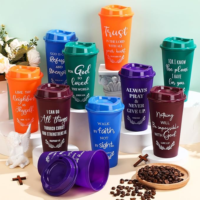 Skylety 20 Pack Bulk Christian Gifts for Men Women 16oz Reusable Bible Verse Tumbler Plastic Coffee Cup with Lid Inspirational Religious Church Gift for Teacher Graduation Party Favor (Retro Color)