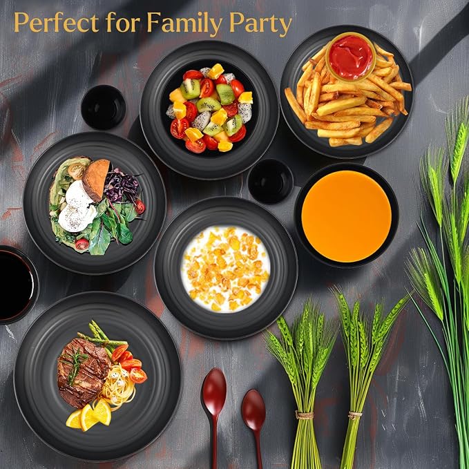 Wrova Wheat straw dinnerware sets of 16-10 inches plates,26oz bowls,2oz dipping bowls,12oz cups - Unbreakable plates and bowls sets microwave safe and dishwasher safe,service for 4. Black