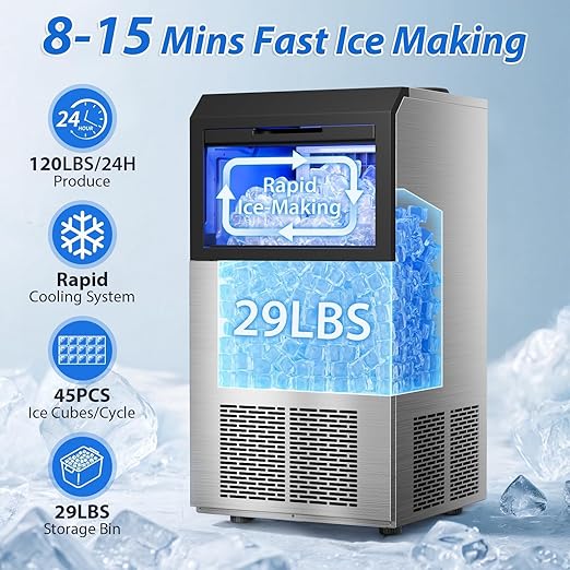 Commercial Ice Maker Machine, 120lbs/24H Stainless Steel Under Counter ice Machine with 45 Ice Cubes/Cycle, 2 Water Inlet Modes, Self Clean, 24H Timer,29LB Storage Bin for Bar, Coffee Shop, Home