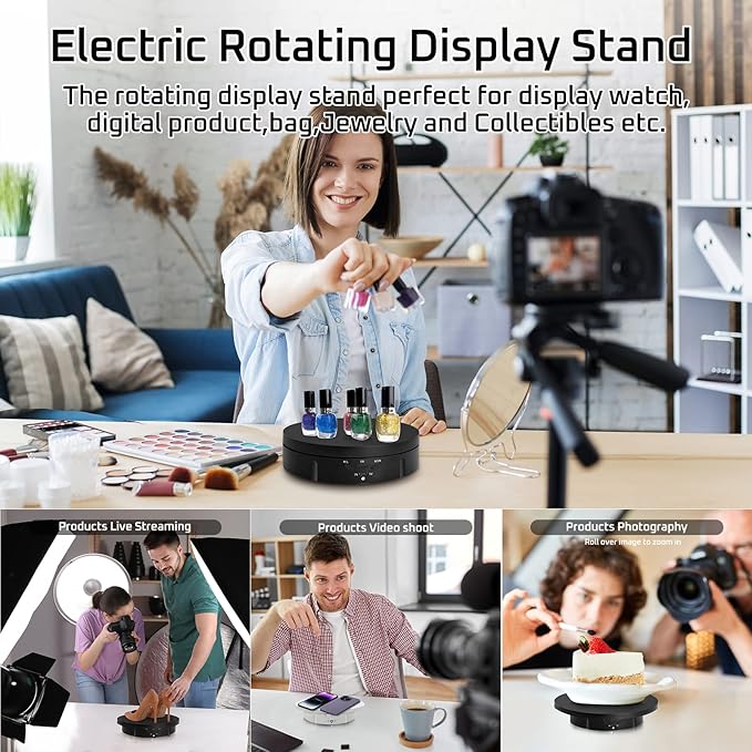 JAYEGT 3in 1 Motorized Rotating Display Stand with 5.74 /7.08/ 8.66 inch Replacement Cover，Max 22lbs Load , 360 Electronic Turntable for Photography Products (3 in1 / White/ With Remote controller)