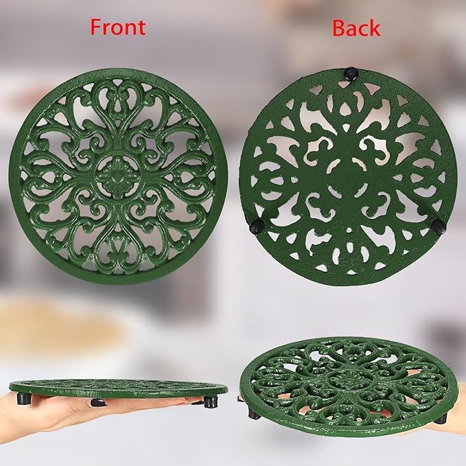 Sumnacon Cast Iron Trivet 2 Pcs 6.7 Inch Iron Trivet for Hot Dish Pot Pan Plate Teapot,Heat Resistant Cast Iron Trivets with Rubber Feets for Kitchen Dining Table Cooktop Stove,Retro Green
