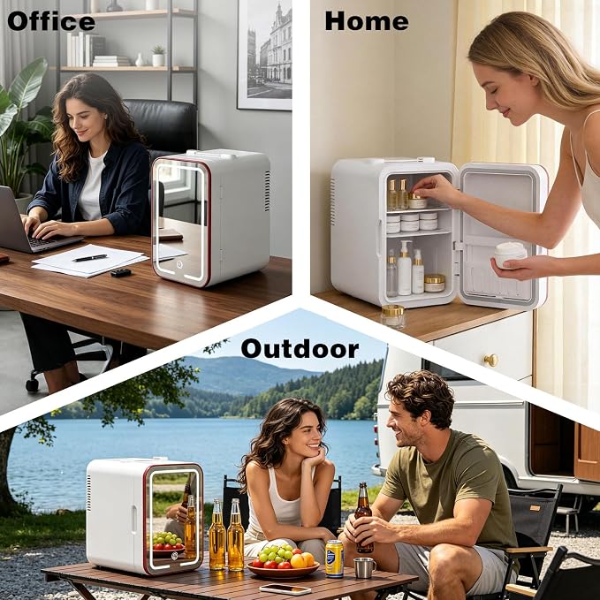 YLFU Skincare Fridge, 6L Small Mini Fridge for Bedroom with 3-Level LED Mirror for Makeup Cosmetics, Cooler & Warmer Personal Refrigerator for Drink Office Dorm and Food