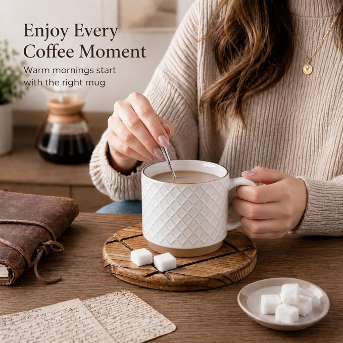 GBhome 15OZ Stackable Coffee Mugs, Ceramic Coffee Mugs with Texture Patterns for Man,Woman,Dad,Mom, Modern Coffee Mugs Set of 4 for Latte/Cappuccino/Cocoa. Dishwasher&Microwave Safe, Off White