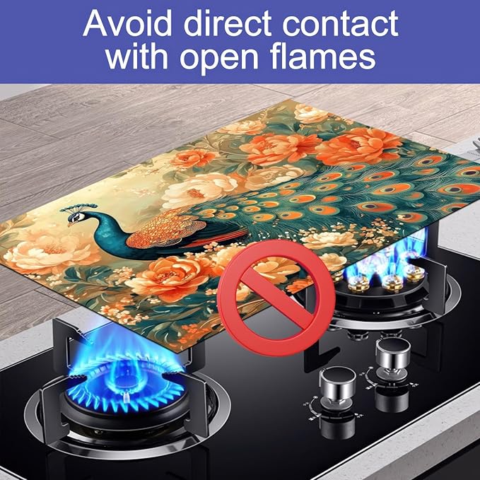 HOMETITUTE Stove Top Cover for Electric Stove 28x20 Inch Diatomite Dish Drying Mat Glass Top Burner Protector Kitchen Counter Mat Peacock Kitchen Decor Stove Pad Stove Top Mat