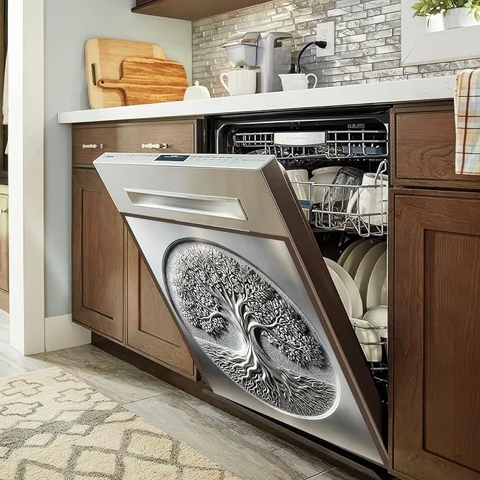 BlissYard Sliver Metal Tree of Life Dishwasher Magnet Cover Skin Panel 23x26 Inch Magnetic Dishwasher Covers Decorative Appliances Refrigerator Cupboard Magnet Cover Kitchen Decoration
