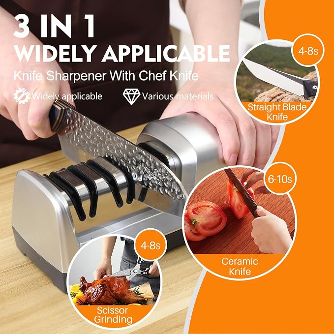 JOVANT 15° Electric Knife Sharpener for Kitchen Knives with 3-step Sharpening System and Diamond Abrasives Suitable for most Metal Ceramic Knives