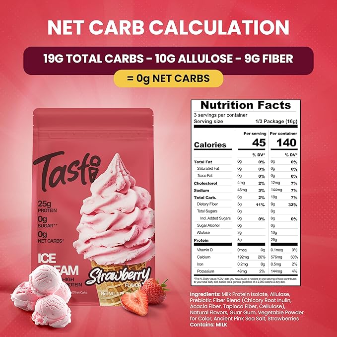 TASTI High-Protein Ice Cream Mix - Strawberry Flavor Low Sugar Ice Cream Powder - Made for Ninja Creami, Soft Serve Mix with 25g Protein, Sugar Free, 0g Net Carbs