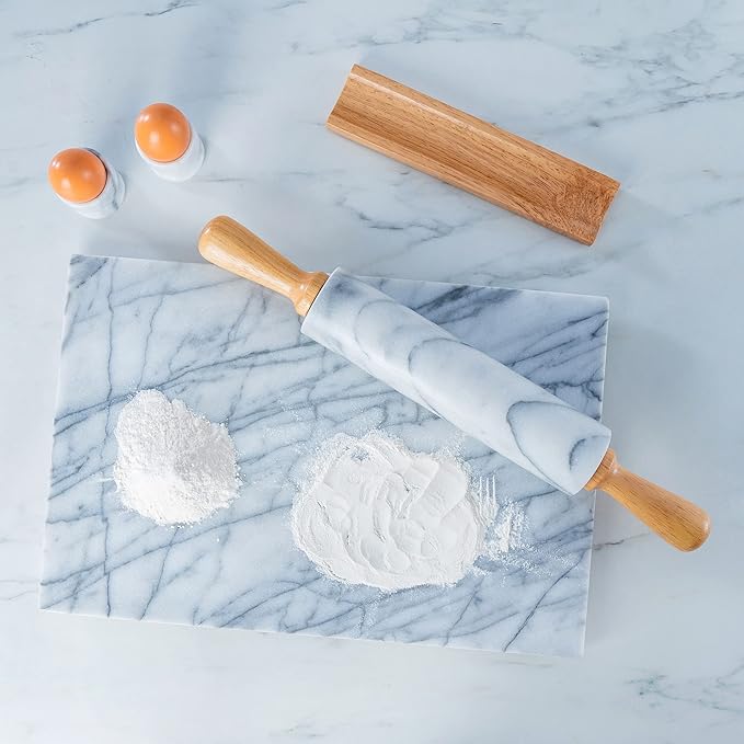 Creative Home Natural Marble Rolling Pin with Wooden Handles and Cradle, 18-Inch rolling pins for baking, Heavy Cool Surface, Dough Roller for Pastry, Pie, Pizza, Cookies, Off white