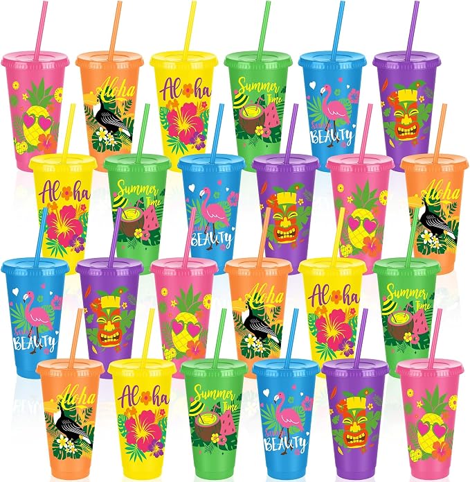 Kochorie 24 Pieces Hawaiian Plastic Cups with Lids and Straws 24 oz Reusable Party Cups Tumblers Bulk Iced Coffee Drinking Cups Water Bottle Travel Mug for Birthday