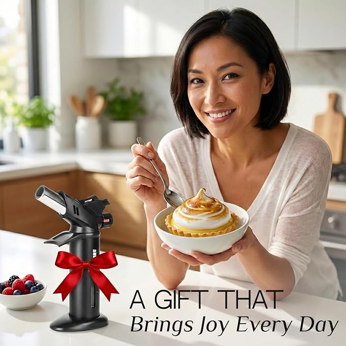 Jo Chef Eagle RX Culinary Crème Brûlée Torch – Butane Blow Torch with Safety Switch, Adjustable Flame, Fuel Gauge and Hand Shield for Crème Brûlée, BBQ, Searing & DIY – 2 cans (3.38oz) Included