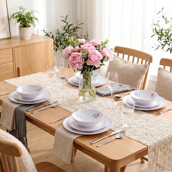 12Pcs Floral Melamine Plates and Bowls, Outdoor Camping Dinnerware | Service for 4, Round Dishes For Picnic, Party, RV, Unbreakable & Shatterproof & Lightweight, Dishwasher Safe