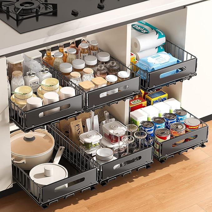 PureBox Pull Out Cabinet Organizer, Slide Out drawers for cabinets, Heavy Duty Carbon Steel Roll Out Shelves for kitchen, bathroom, pantry (14.7’’-23.1’’ Slide, Adhesive & Screw), Black (2)