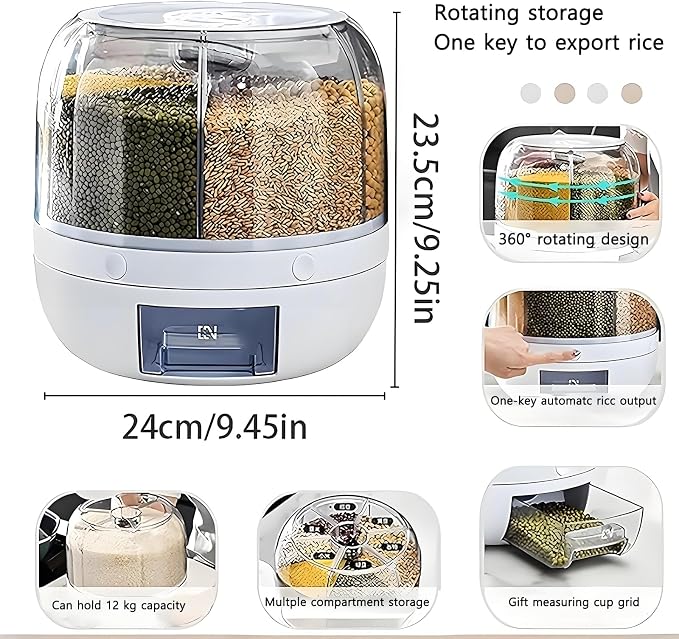 Rotating Grain Storage Bin 6 Grids Rice Container One-Click Output Large Capacity Food Dispenser For Rice Grains Sealed Moisture Proof Organizer (Grey) (Small)