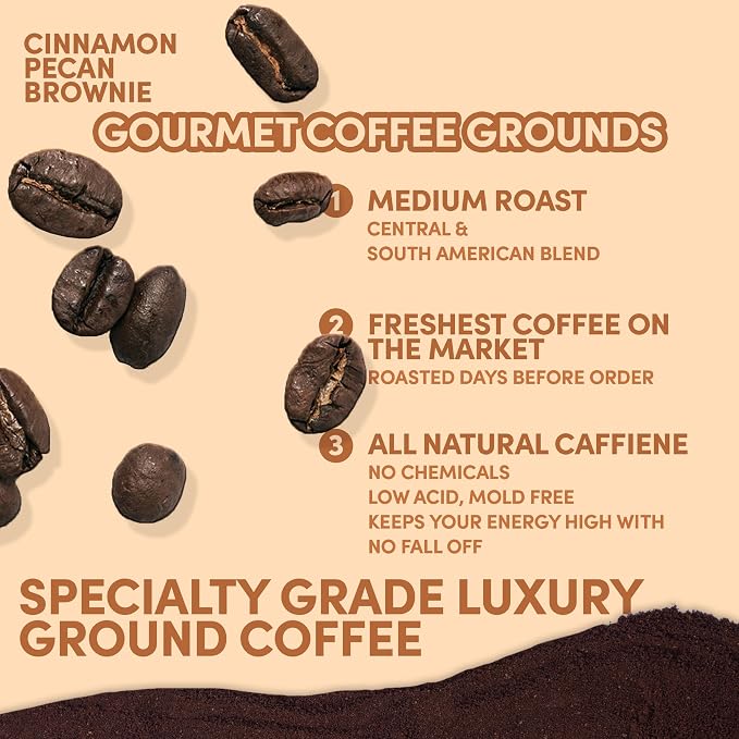 2 lb Cinnamon Pecan Brownie Ground Coffee | Cinnamon & Pecan Flavored Dessert Coffee | Bulk Sweet Nutty Flavored Ground | Specialty Grade | 32 oz