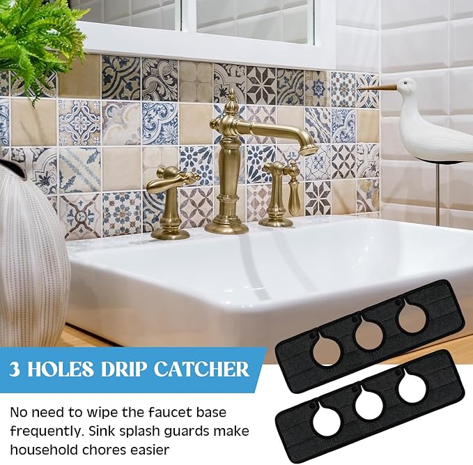 Teenyyou 2 Pcs Faucet Mat for Kitchen Sink Splash Guard for Kitchen Sink Faucet Dish Drying Mat for Bathroom Sponge Holder(Black,3 Round Holes)