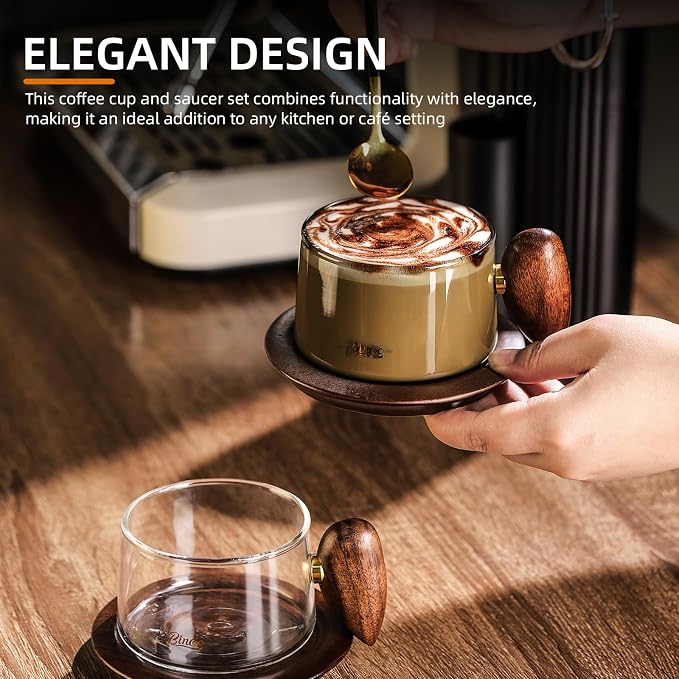 Bincoo Glass Coffee Cups and Saucers Set, 250ML Clear Glass Iced Coffee Mug Espresso Cup Tea Cup with Walnut Handle and Coaster (Gray)