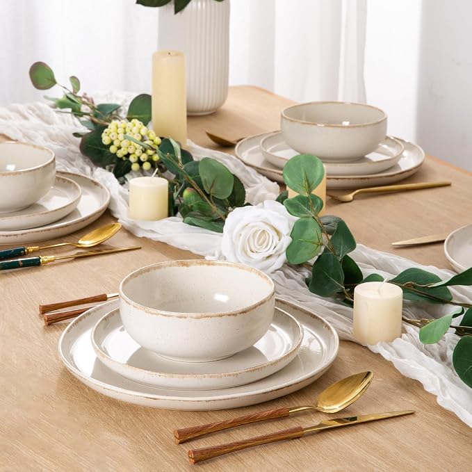 AmorArc Ceramic Dinnerware Sets, Wavy Rim Stoneware Plates and Bowls Sets, Highly Scratch Resistant | Dishwasher & Microwave Dishes set, Service for 4 (12pc)-Speckled Cappuccino)