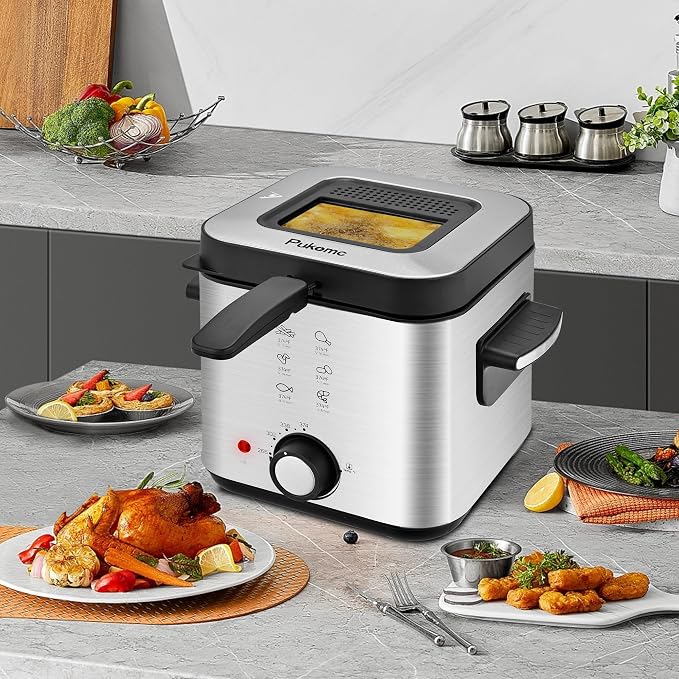 Pukomc Deep Fryer 3 Liter Capacity,1500W Oil Fryer with Adjustable Temperature,Viewing Window,Detachable Frying Basket,Made of Stainless Steel Material and Easy to Clean