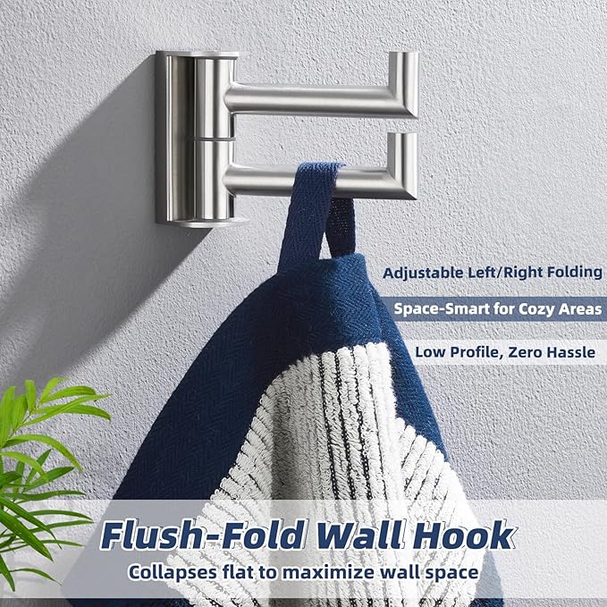 APLusee Brushed Nickel Double Swivel Towel Hook, 304 Stainless Steel Folding Clothes Hanger with Multi 2 Rotating Arms, Wall Mounted