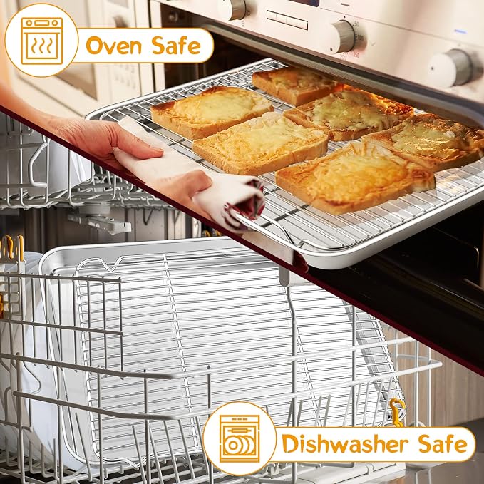 P&P CHEF 17.5 Inch Baking Sheet Pan with Rack Set, Stainless Steel Cookie Sheet Pan Tray with Cooling Rack for Oven Use, Cooking Roasting, Non Toxic & Dishwasher Safe, Heavy Duty