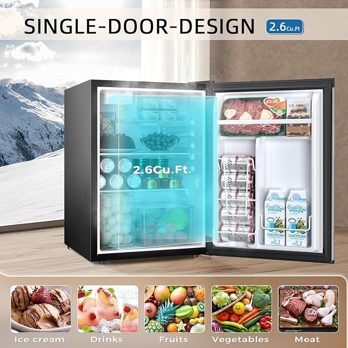 Antarctic Star Mini Compact Refrigerator with Freezer, 2.6 Cu.Ft. Single Door Adjustable Removable Shelves for Apartment/Dorm/Office,Silver