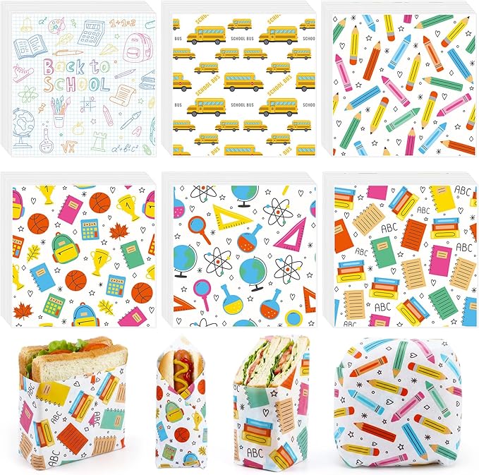 Reallnaive 300 Pcs Back to School Wax Paper Sheets 12 x 12 Inch Parchment Deli Tissue Paper Sandwich Wrapping Sheets Food Basket Liners for Kitchen Restaurant Baking Supplies, 6 Styles