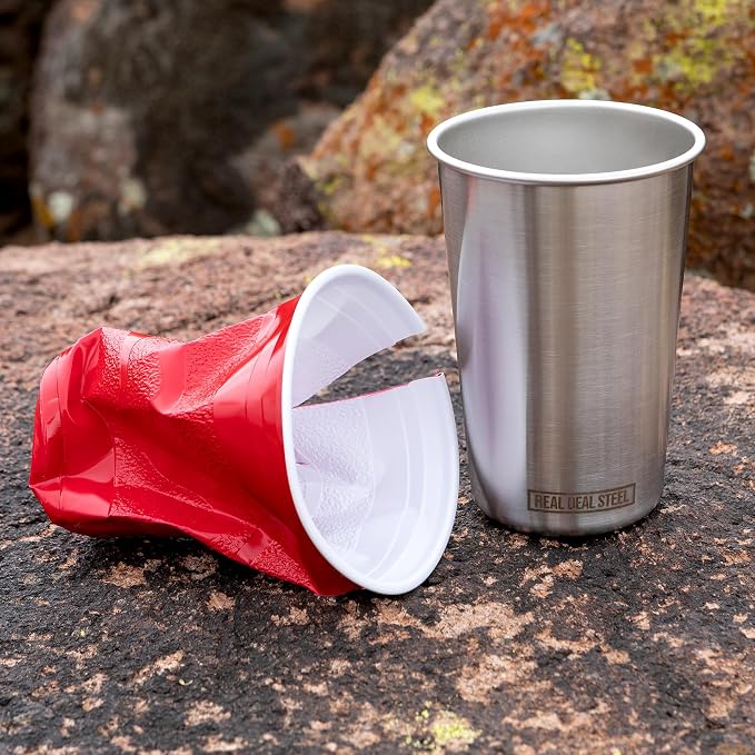 Real Deal Steel Stainless Steel 16 oz Pint Cups Stackable Single Wall Tumblers, Eco Friendly Premium Metal Drinking Glasses (Stainless Steel)