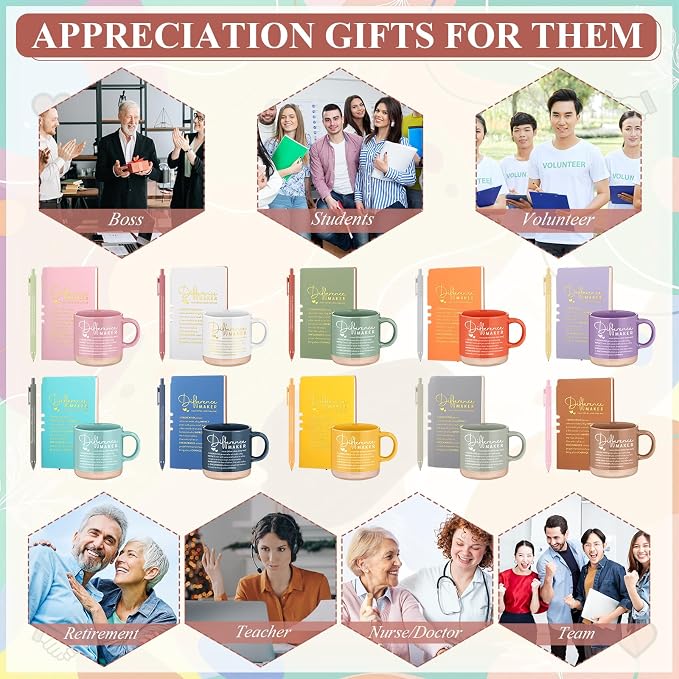 Didaey 10 Sets Difference Maker Appreciation Gifts Set 13oz Pastel Ceramic Coffee Mugs A6 Leather Notebooks Ballpoint Pens Bulk Thank You Gifts for Difference Maker Team Members Employees Coworker