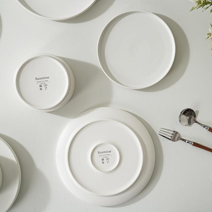12 Piece Dinnerware Set, Modern Minimalist Stoneware Plates and Bowls Sets, Modern Dinner Plate, Salad Plate, Cereal Bowl, Dish Set for 4, Microwave and Dishwasher Safe, Matte White