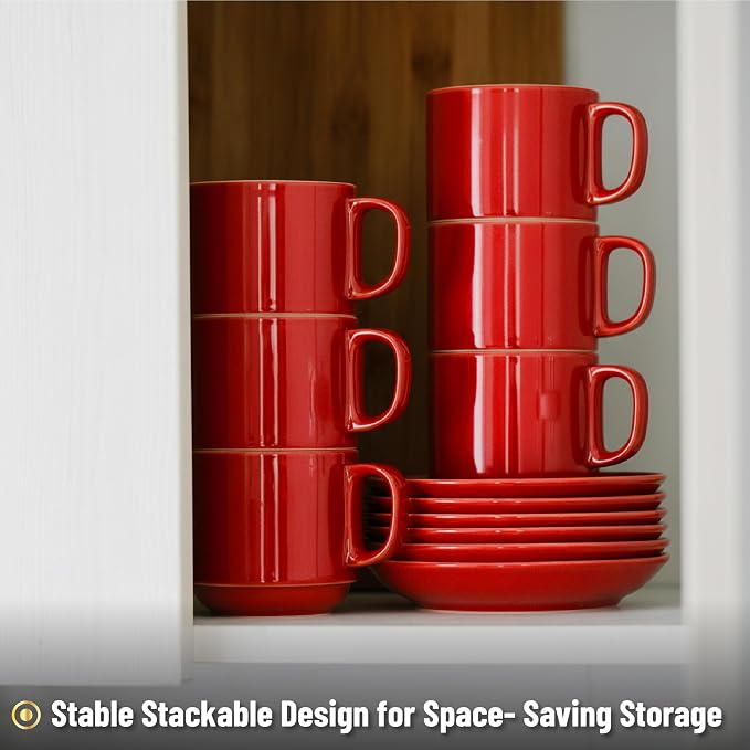 BTaT- Stackable Coffee Cups with Saucers, Set of 6, 8 Ounce, Red, Porcelain Cappuccino Cups for Coffee Drinks, Cappuccino, Latte, Espresso, Americano and Tea, Microwave & Dishwasher Safe