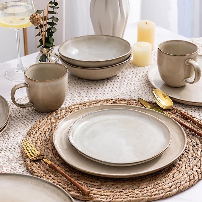 AmorArc Ceramic Dinnerware Sets,Handmade Reactive Glaze Stoneware Plates and Bowls Sets,Highly Scratch Resistant | Dishwasher & Microwave Safe Dishes Set,Service for 4 with Mugs (16pc)