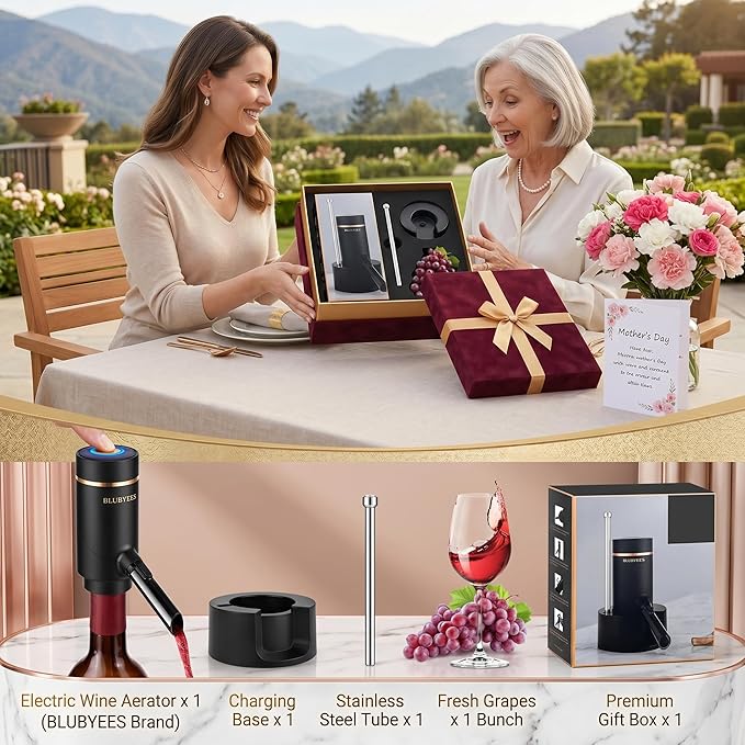 BLUBYEES 3-in-1 Electric Wine Aerator & Decanter Set with Stand Base - Automatic Pump Dispenser, Retractable Tube, and Built-in Pourer, Ideal Gift for Wine Lovers